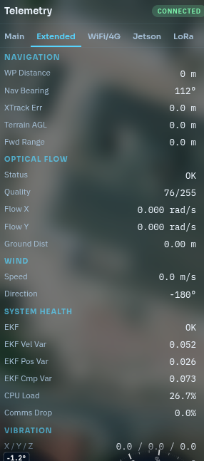 Telemetry extended tab — EKF OK, CPU load 26.7%, comms drop 0.0%, optical flow OK, vibration nominal