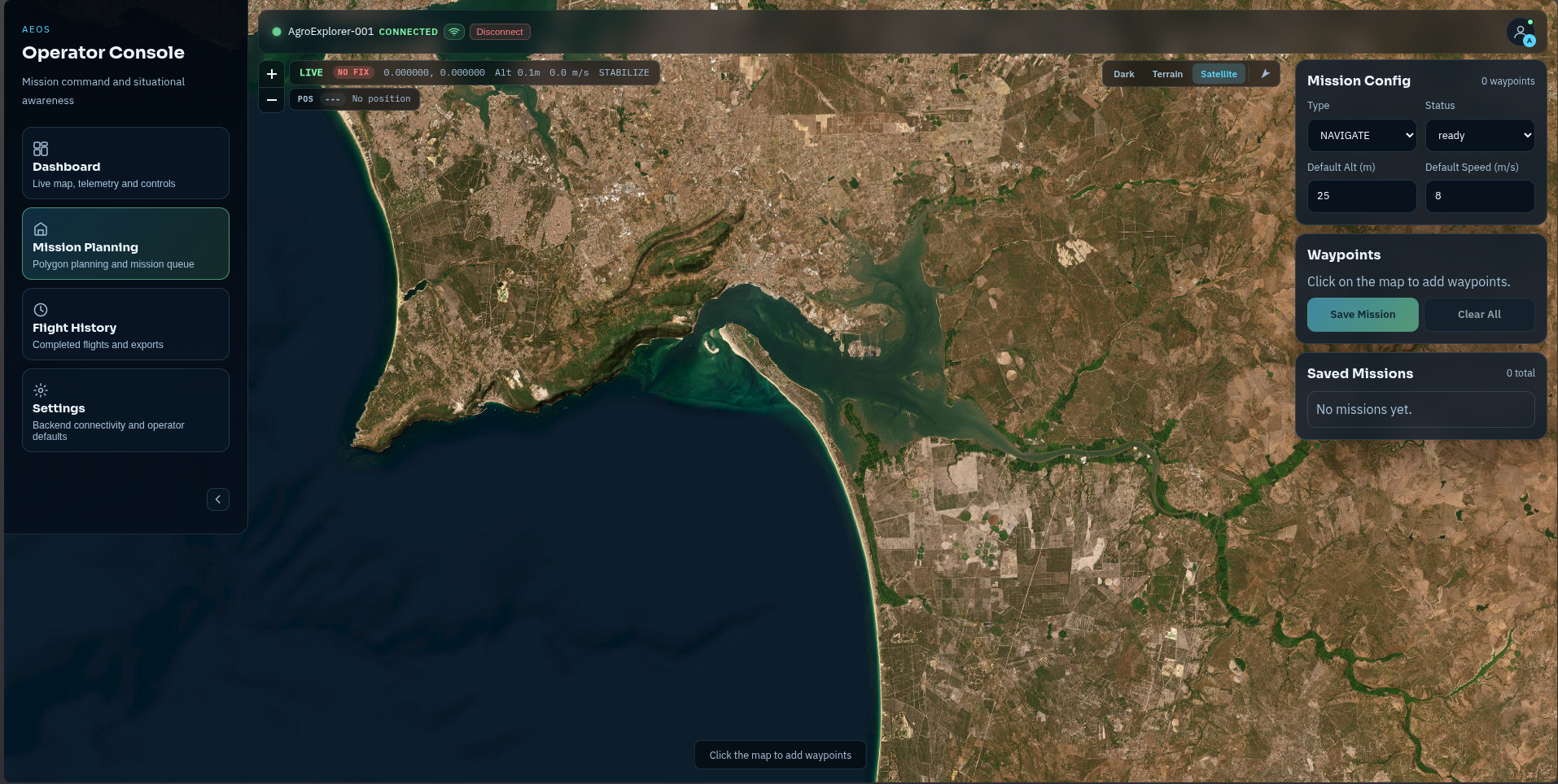 AEOS mission planning — NAVIGATE mission with waypoints over satellite view