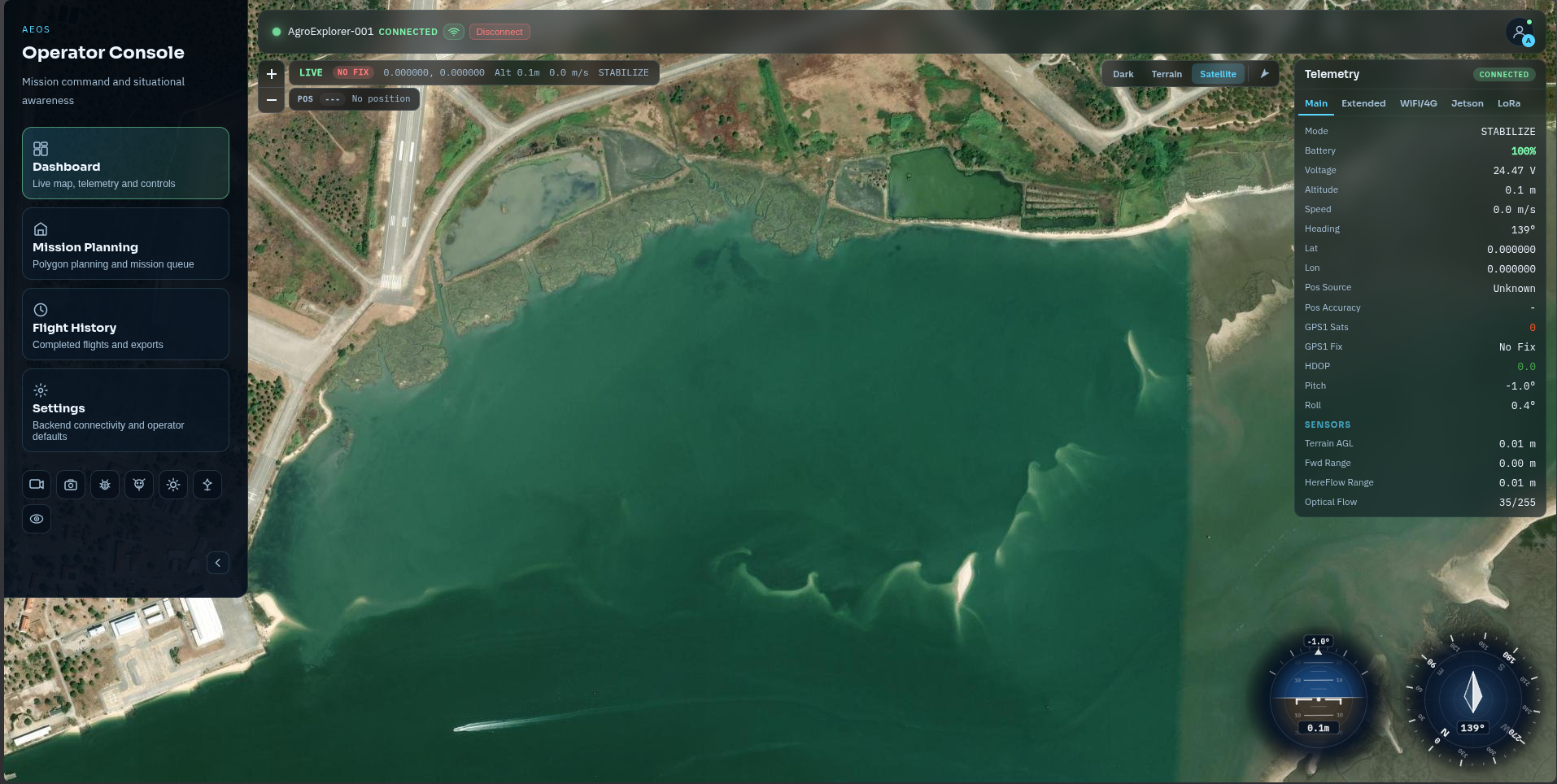 AEOS Ground Station — AgroExplorer-001 connected with live map and telemetry