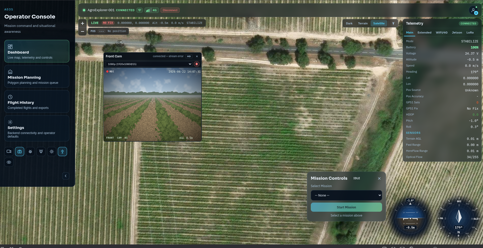 Live front-camera feed over crop rows